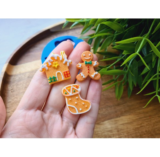 Silicone mold, Christmas set, style 6, 3 elements, ~ 2-2.8 cm, H:0.5 cm (house, Gingerbread man, sock)