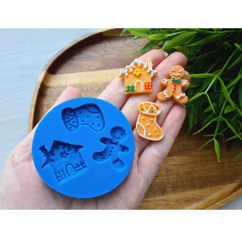 Silicone mold, Christmas set, style 6, 3 elements, ~ 2-2.8 cm, H:0.5 cm (house, Gingerbread man, sock)