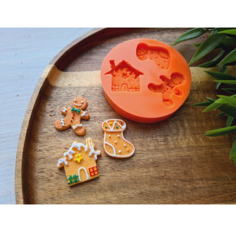 Silicone mold, Christmas set, style 6, 3 elements, ~ 2-2.8 cm, H:0.5 cm (house, Gingerbread man, sock)