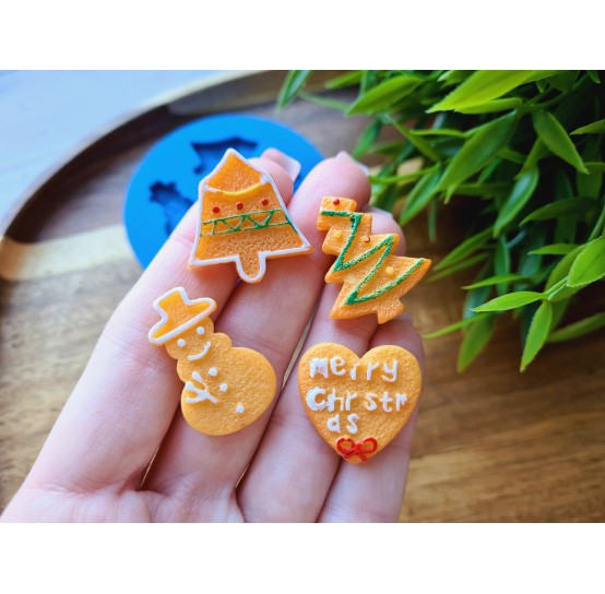 Silicone mold, Christmas set, style 7, 4 elements, ~ 1.7-2.7 cm, H:0.4 cm (snowman, spruce, bell, heart)