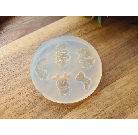Silicone mold, Christmas set, style 9, 5 elements, ~ 1.1-3.9 cm, H:0.4-0.8 cm (pine cone, bell, deer, sock, mistletoe leaf)