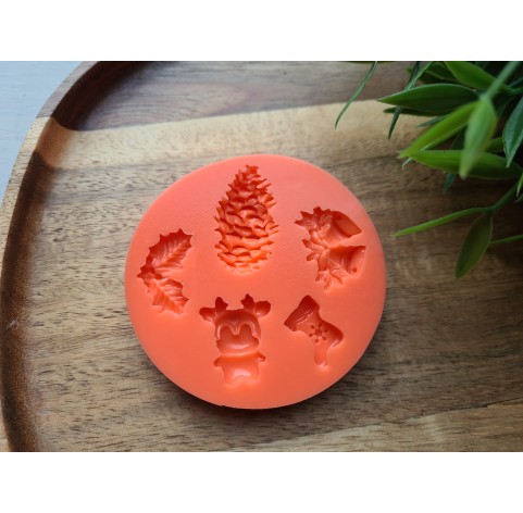 Silicone mold, Christmas set, style 9, 5 elements, ~ 1.1-3.9 cm, H:0.4-0.8 cm (pine cone, bell, deer, sock, mistletoe leaf)