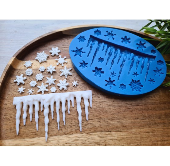 Silicone mold, Icicle and snowflakes, 19 elements, ~ 5.3*9.2 cm, 0.6-1.6 cm, H:0.2-0.7 cm