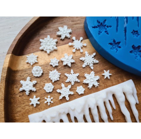 Silicone mold, Icicle and snowflakes, 19 elements, ~ 5.3*9.2 cm, 0.6-1.6 cm, H:0.2-0.7 cm