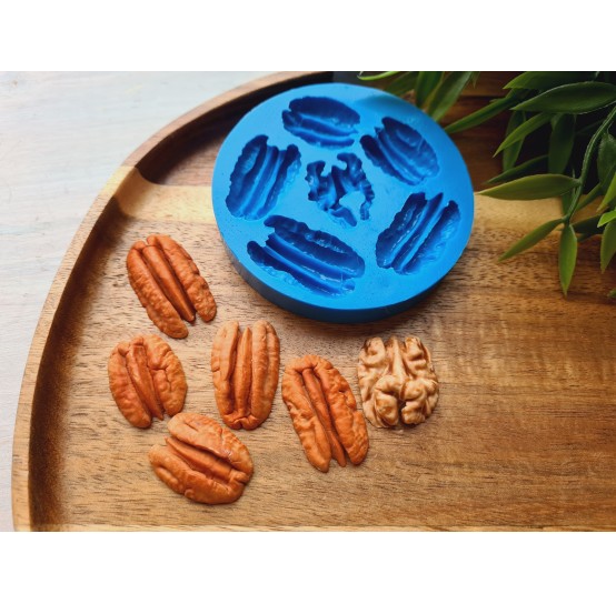 Silicone mold, Nuts set, style 1, 5 elements, ~ 1.7-3.2 cm, H:0.5-0.8 cm (pecan, walnut)