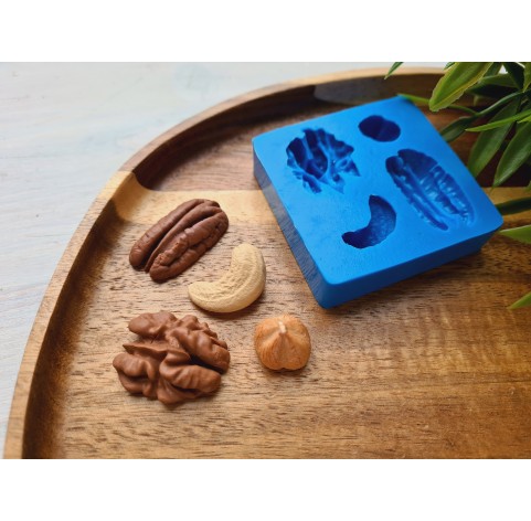 Silicone mold, Nuts set, style 3, 4 elements, ~ 1.4-3 cm, H:0.8-1.2 cm (cashew, hazelnut, pecan, walnut)