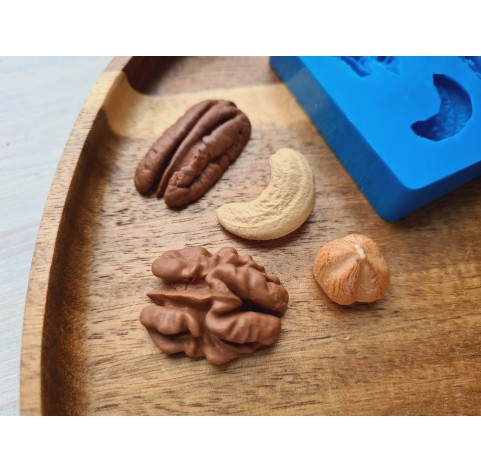 Silicone mold, Nuts set, style 3, 4 elements, ~ 1.4-3 cm, H:0.8-1.2 cm (cashew, hazelnut, pecan, walnut)