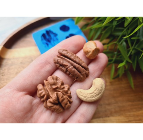 Silicone mold, Nuts set, style 3, 4 elements, ~ 1.4-3 cm, H:0.8-1.2 cm (cashew, hazelnut, pecan, walnut)