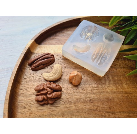 Silicone mold, Nuts set, style 3, 4 elements, ~ 1.4-3 cm, H:0.8-1.2 cm (cashew, hazelnut, pecan, walnut)