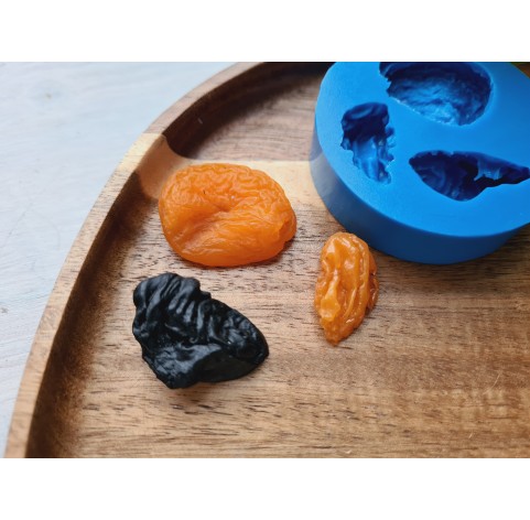 Silicone mold, Dried fruits set, style 1, 3 elements, ~ 2.3-3*1.2-2.4 cm, H:0.7-1.1 cm (apricot, plum, raisin)