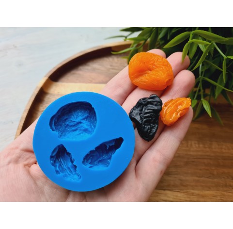 Silicone mold, Dried fruits set, style 1, 3 elements, ~ 2.3-3*1.2-2.4 cm, H:0.7-1.1 cm (apricot, plum, raisin)