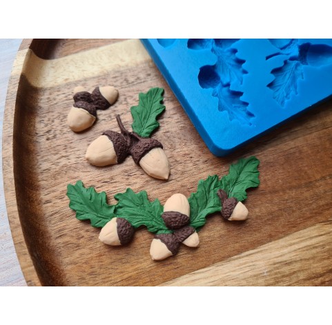 Silicone mold, Acorns with leaves, 3 elements, ~ 2.4-7.1*1.5-3.6 cm, H:0.6 cm