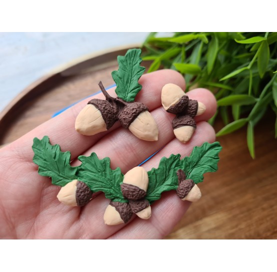 Silicone mold, Acorns with leaves, 3 elements, ~ 2.4-7.1*1.5-3.6 cm, H:0.6 cm