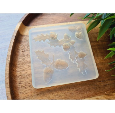 Silicone mold, Acorns with leaves, 3 elements, ~ 2.4-7.1*1.5-3.6 cm, H:0.6 cm