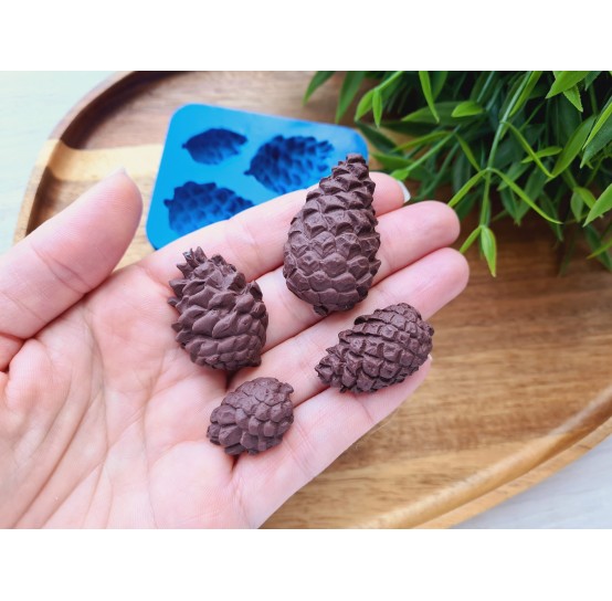 Silicone mold, Pine cone, style 15, 4 elements, ~ 1.7*2.5 cm, 1.9*3.2 cm, 2.7*3.5 cm, H:0.9-1.1 cm