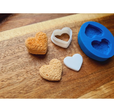 Silicone mold, Cookie, style 15, shortbread, heart, 2 elements, ~ 2.1*2.3 cm, H:0.6 cm + cutter 1.8*2.1 cm