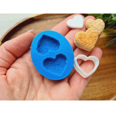 Silicone mold, Cookie, style 15, shortbread, heart, 2 elements, ~ 2.1*2.3 cm, H:0.6 cm + cutter 1.8*2.1 cm