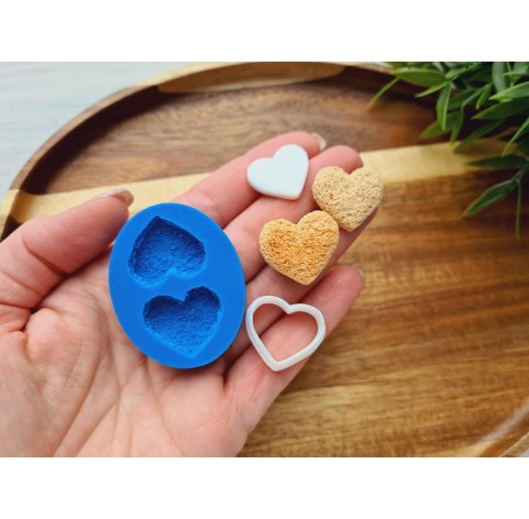 Silicone mold, Cookie, style 15, shortbread, heart, 2 elements, ~ 2.1*2.3 cm, H:0.6 cm + cutter 1.8*2.1 cm