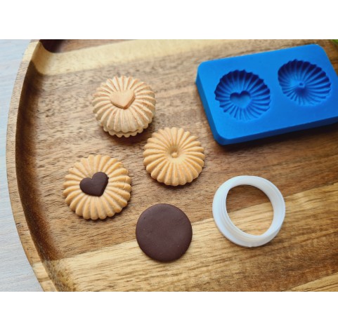 Silicone mold, Cookie, style 16, 2 elements, ~ Ø 2.7 cm, H:0.6 cm + cutter Ø 2.2 cm