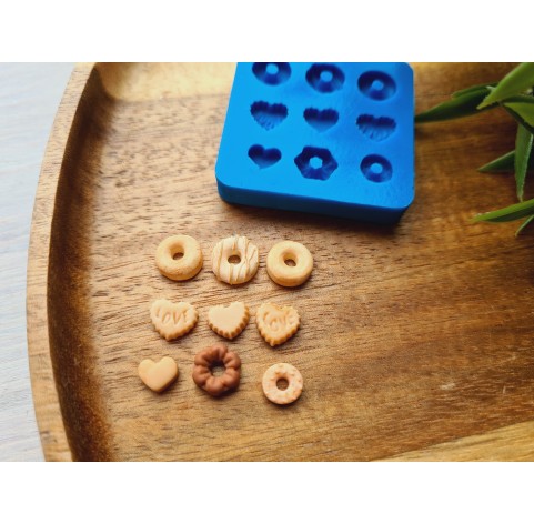 Silicone mold, Set of mini donut and cookie, 9 elements, ~ 0.5-1 cm, H:0.2-0.4 cm