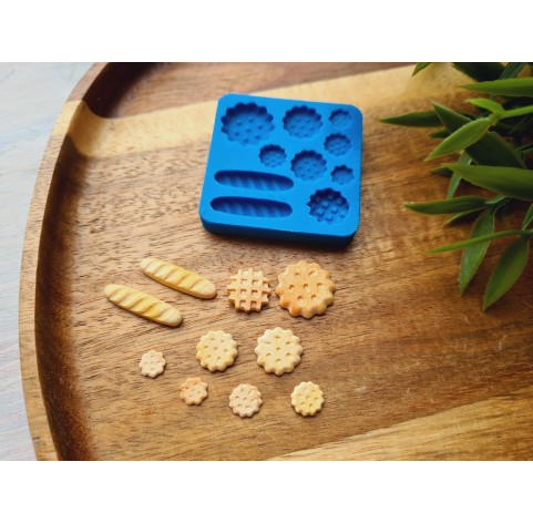 Silicone mold, Set of mini waffles, cookie and bread, 10 elements, ~ 0.5-2 cm, H:0.1-0.4 cm