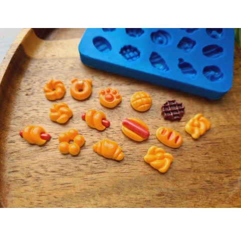 Silicone mold, Set of bread, buns and hot dog, 15 elements, ~ 0.7-1.4 cm, H:0.4 cm