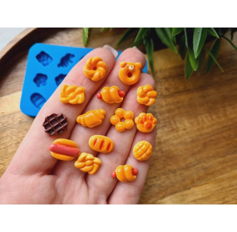 Silicone mold, Set of bread, buns and hot dog, 15 elements, ~ 0.7-1.4 cm, H:0.4 cm