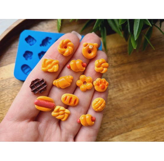Silicone mold, Set of bread, buns and hot dog, 15 elements, ~ 0.7-1.4 cm, H:0.4 cm