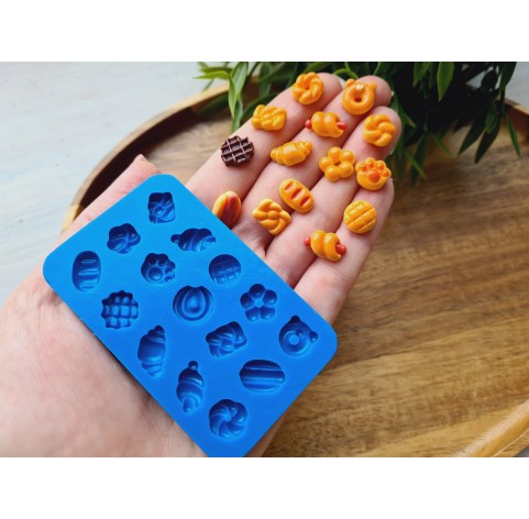 Silicone mold, Set of bread, buns and hot dog, 15 elements, ~ 0.7-1.4 cm, H:0.4 cm