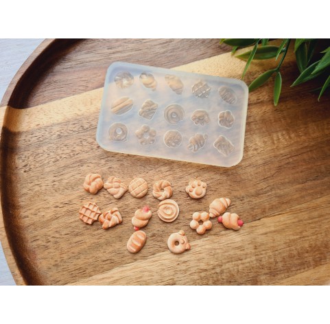 Silicone mold, Set of bread, buns and hot dog, 15 elements, ~ 0.7-1.4 cm, H:0.4 cm