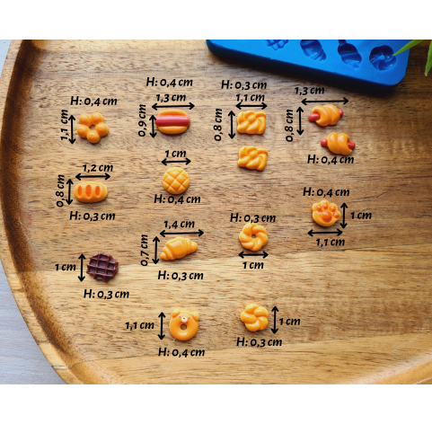 Silicone mold, Set of bread, buns and hot dog, 15 elements, ~ 0.7-1.4 cm, H:0.4 cm