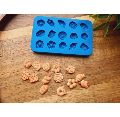 Silicone mold, Set of bread, buns and hot dog, 15 elements, ~ 0.7-1.4 cm, H:0.4 cm