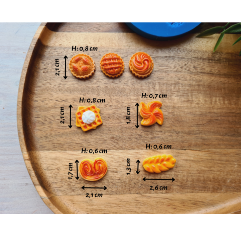 Silicone mold, Buns set, 1:6 scale, style 4, 7 elements, ~ 1.3-2.6 cm, H:0.6-0.8 cm