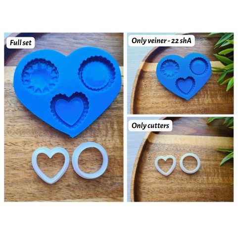 Silicone mold, Tartlet, style 2, 3 elements, ~ 2.7 cm, H:0.5 cm + 2 cutters Ø 2 cm, 1.8*2 cm