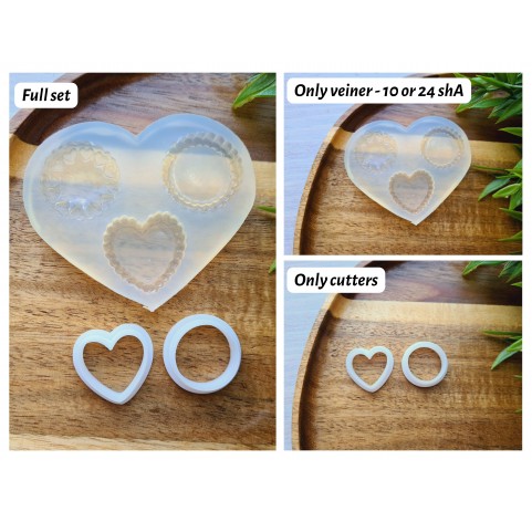Silicone mold, Tartlet, style 2, 3 elements, ~ 2.7 cm, H:0.5 cm + 2 cutters Ø 2 cm, 1.8*2 cm