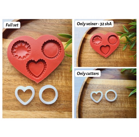 Silicone mold, Tartlet, style 2, 3 elements, ~ 2.7 cm, H:0.5 cm + 2 cutters Ø 2 cm, 1.8*2 cm