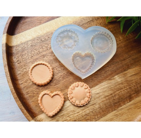 Silicone mold, Tartlet, style 2, 3 elements, ~ 2.7 cm, H:0.5 cm + 2 cutters Ø 2 cm, 1.8*2 cm