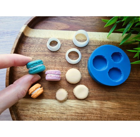 Silicone mold, Macaron, style 1, 3 elements, ~ Ø 1.5-2 cm, H:0.5-0.7 cm + 3 cutters Ø 1.3-1.6 cm