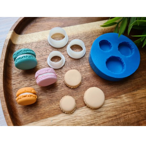 Silicone mold, Macaron, style 1, 3 elements, ~ Ø 1.5-2 cm, H:0.5-0.7 cm + 3 cutters Ø 1.3-1.6 cm