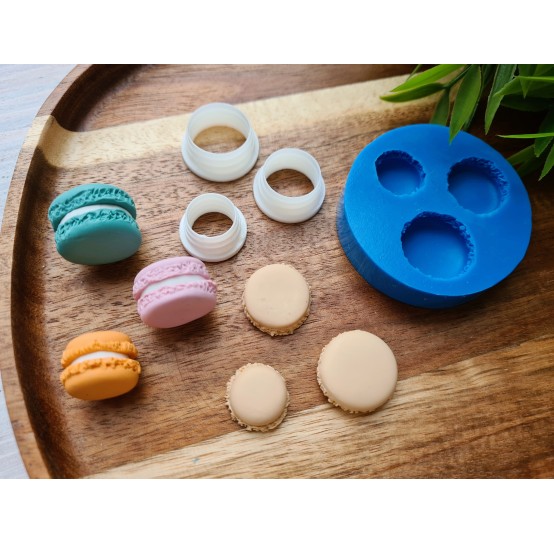 Silicone mold, Macaron, style 1, 3 elements, ~ Ø 1.5-2 cm, H:0.5-0.7 cm + 3 cutters Ø 1.3-1.6 cm