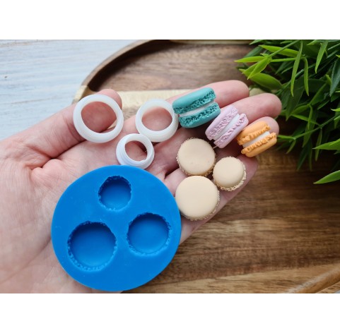 Silicone mold, Macaron, style 1, 3 elements, ~ Ø 1.5-2 cm, H:0.5-0.7 cm + 3 cutters Ø 1.3-1.6 cm