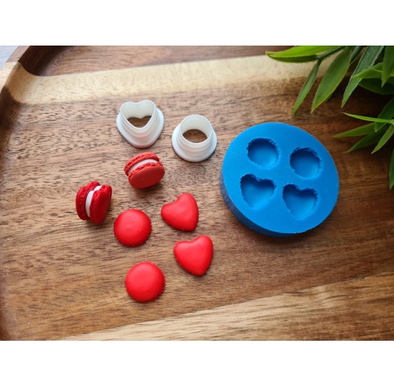 Silicone mold, Macaron, style 2, circle and heart, 4 elements, ~ Ø 1.2 cm, 1.2*1.3 cm, H:0.4 cm + 2 cutters Ø 1.1 cm, 1.2 cm