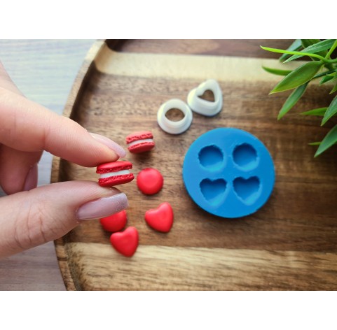 Silicone mold, Macaron, style 2, circle and heart, 4 elements, ~ Ø 1.2 cm, 1.2*1.3 cm, H:0.4 cm + 2 cutters Ø 1.1 cm, 1.2 cm