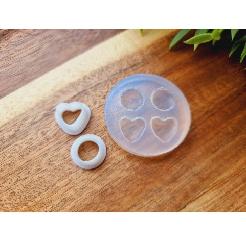 Silicone mold, Macaron, style 2, circle and heart, 4 elements, ~ Ø 1.2 cm, 1.2*1.3 cm, H:0.4 cm + 2 cutters Ø 1.1 cm, 1.2 cm