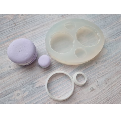 Silicone mold, Macaron, style 3, ~ Ø 4.5 cm, H:1 cm, Ø 2.1 cm, H:0.7 cm + 2 cutters Ø 1.7 cm, 4.1 cm