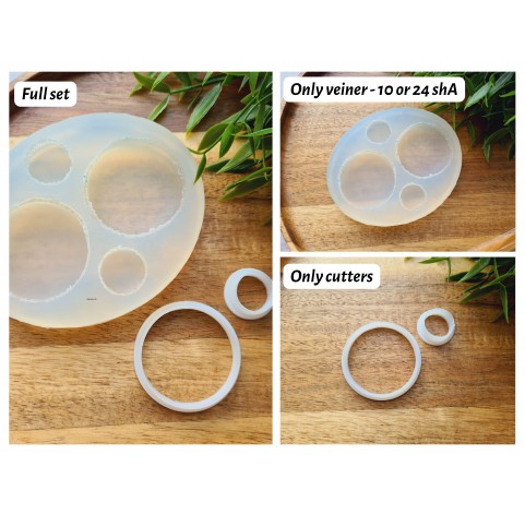Silicone mold, Macaron, style 3, ~ Ø 4.5 cm, H:1 cm, Ø 2.1 cm, H:0.7 cm + 2 cutters Ø 1.7 cm, 4.1 cm