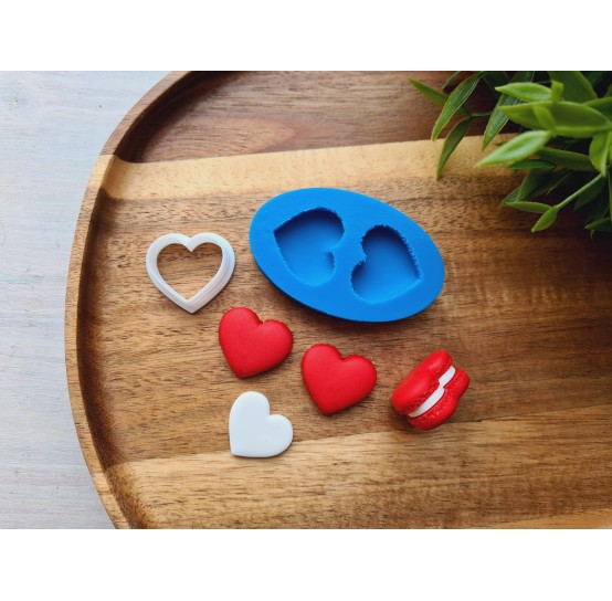 Silicone mold, Macaron, style 13, 2 elements, heart, medium, ~ 2.2*2.5 cm, H:0.6 cm + cutter Ø 2.2 cm