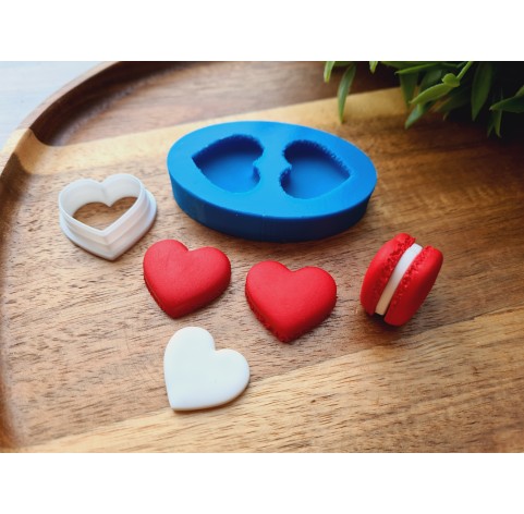 Silicone mold, Macaron, style 13, 2 elements, heart, medium, ~ 2.2*2.5 cm, H:0.6 cm + cutter Ø 2.2 cm