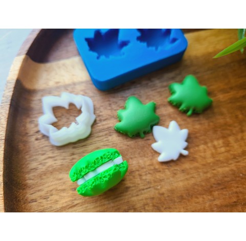 Silicone mold, Macaron, style 14, 2 elements, hemp leaf, ~ 1.8*1.9 cm, H:0.6 cm + cutter Ø 1.8 cm