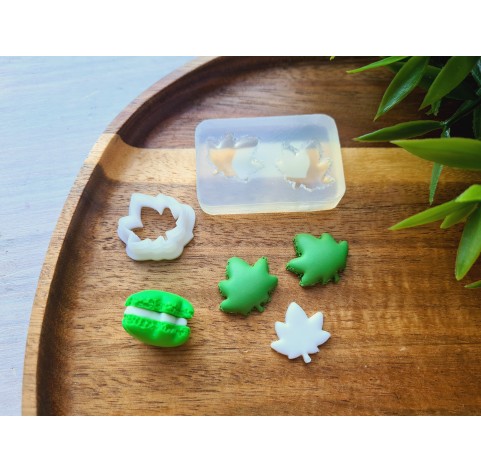 Silicone mold, Macaron, style 14, 2 elements, hemp leaf, ~ 1.8*1.9 cm, H:0.6 cm + cutter Ø 1.8 cm